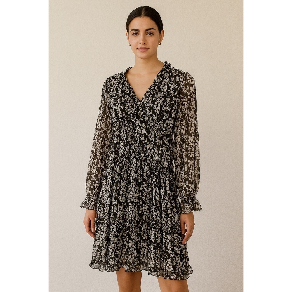 Express Cottagecore Floral Print Mini Dress Long Sleeve Ruffle Trim Black Small‎